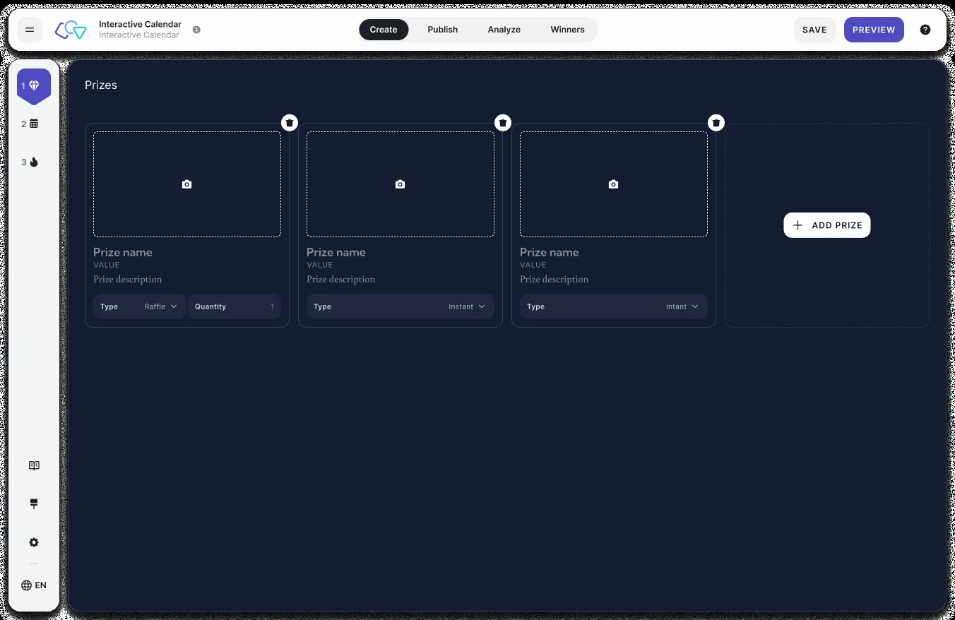 Convert Creator: adding prizes with type instant or raffle, image, title, and number of winners