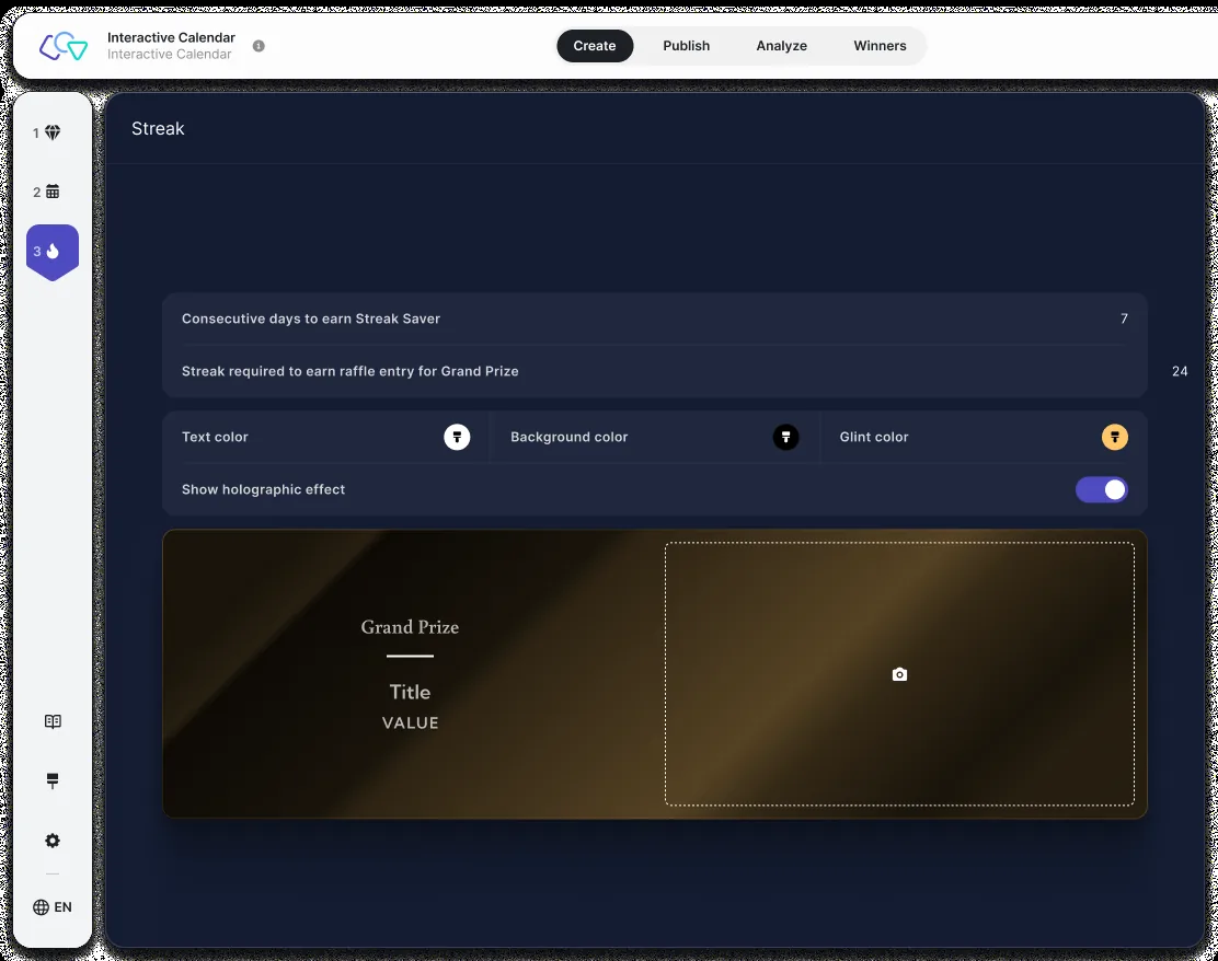 Convert Creator: streak settings with streak saver, streak goal, and grand prize card with holographic effect