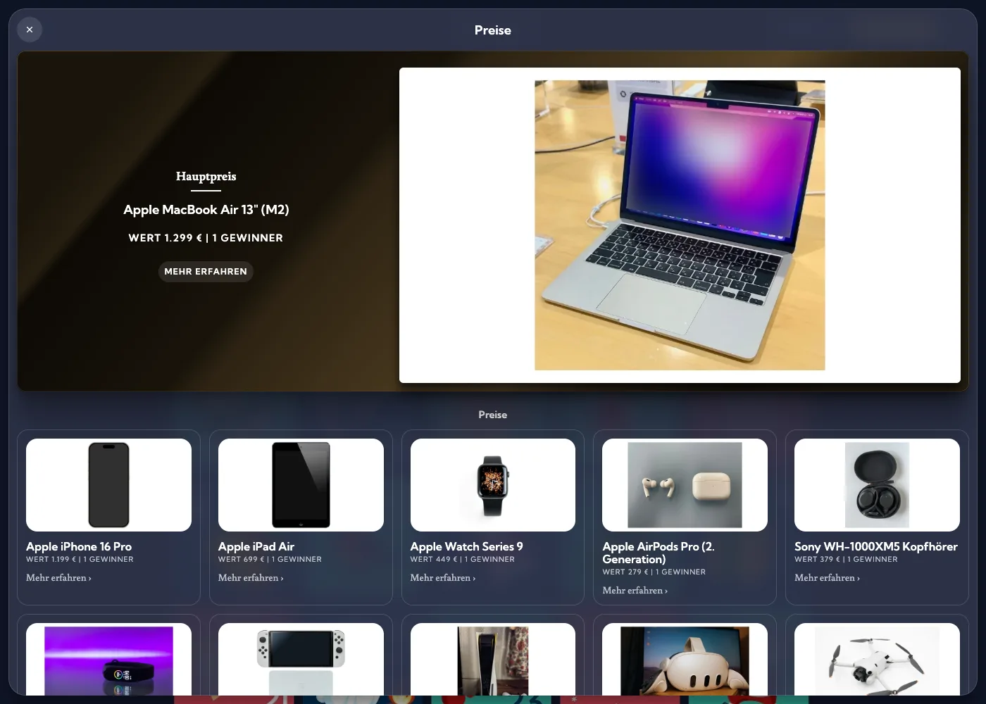 Preisübersicht im Demo-Adventskalender: Hauptpreis MacBook Air, dazu iPhone, iPad und weitere Verlosungspreise