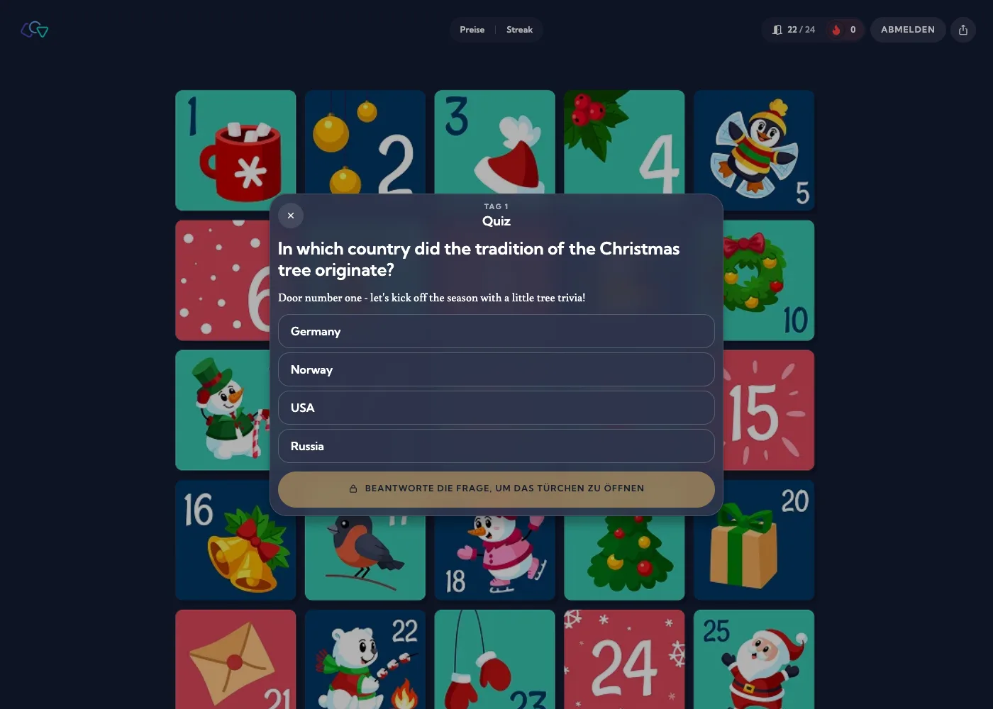 Quiz-Türchen im Demo-Adventskalender: Weihnachtsfrage mit vier Antwortoptionen