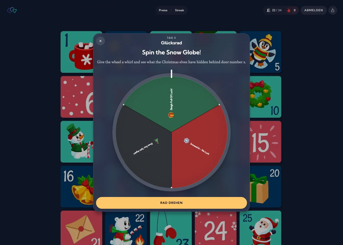 Glücksrad-Türchen im Demo-Adventskalender: Spin the Snow Globe mit drei Gewinnsegmenten