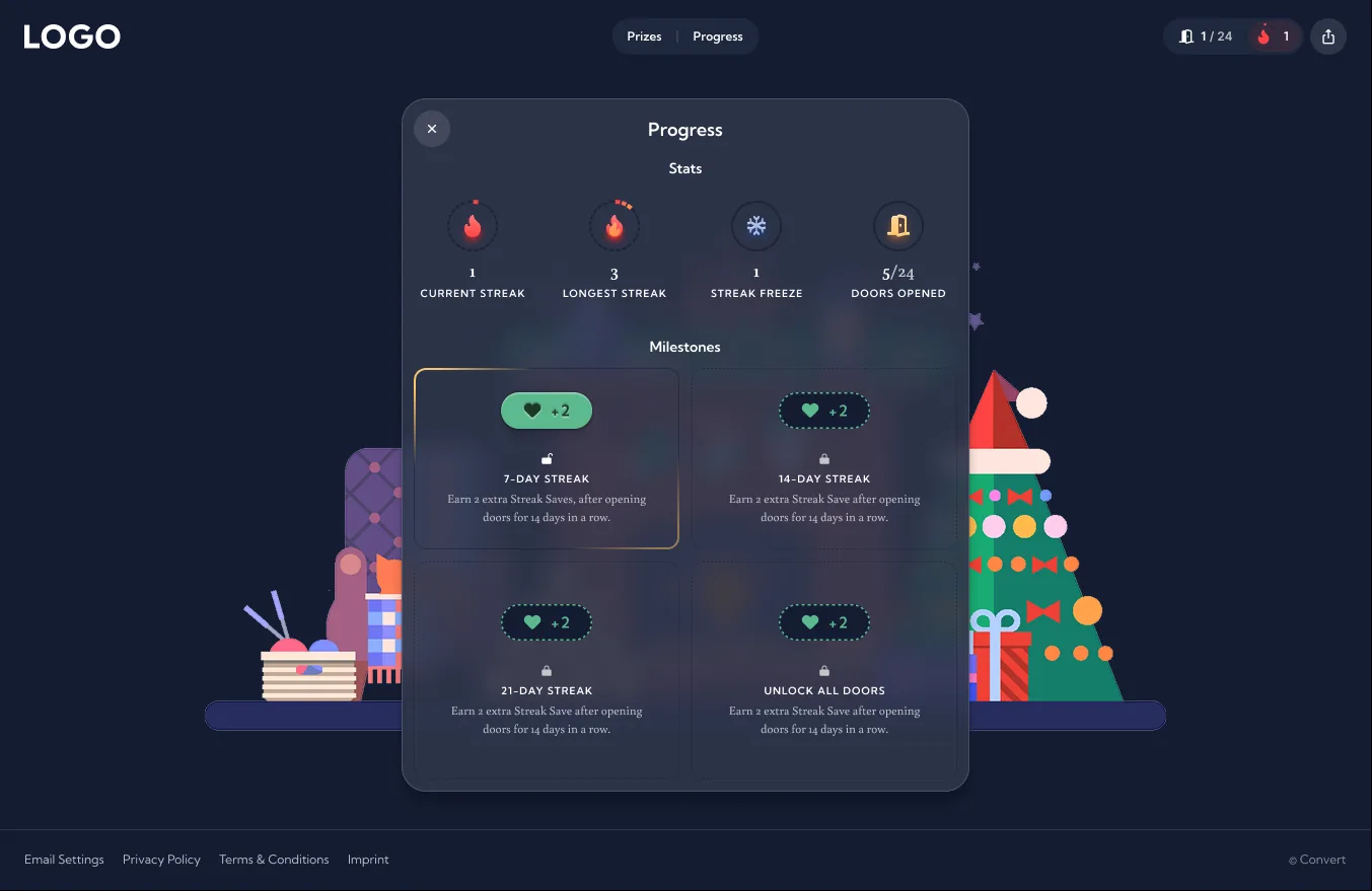 Streak progress in the Convert advent calendar: current streak, longest streak, streak savers, and milestones