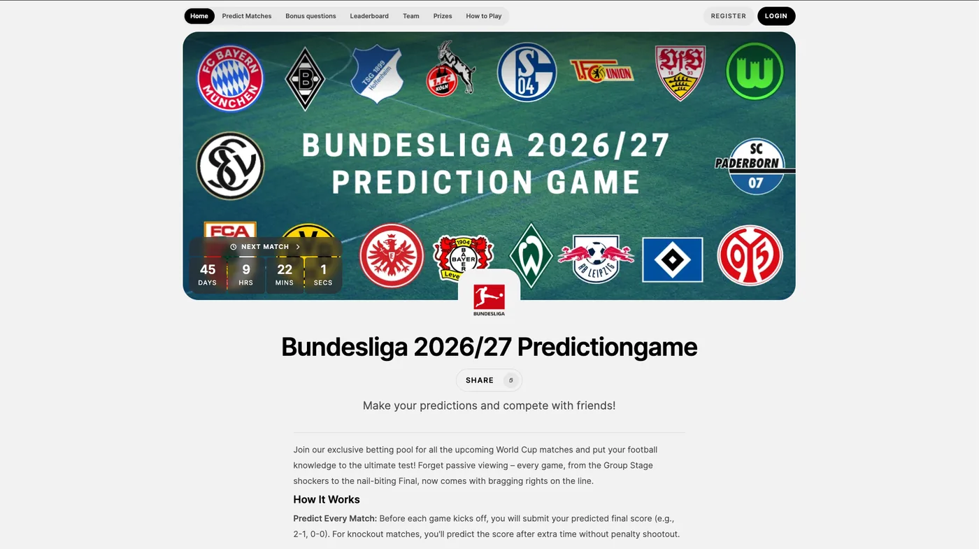 Bundesliga prediction game home with countdown and all 18 clubs