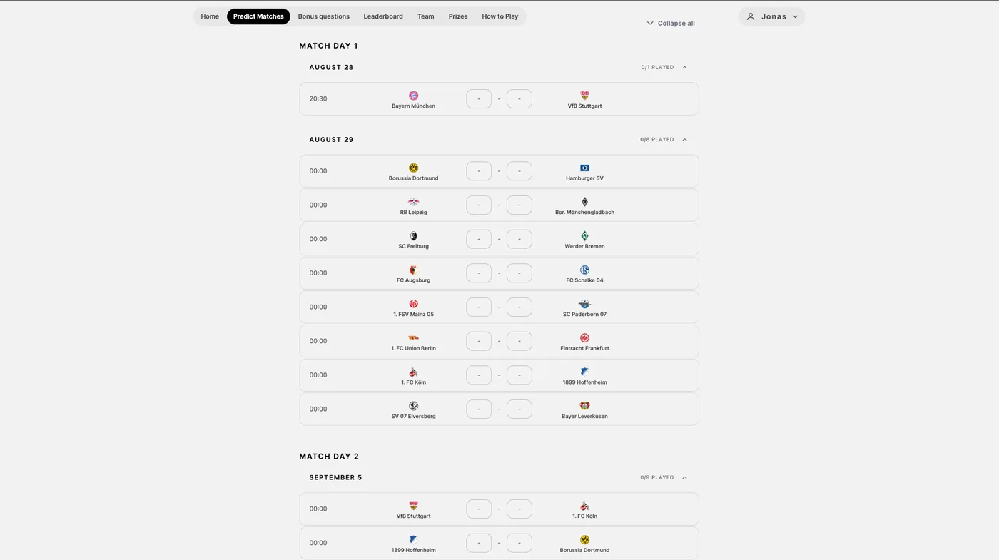 Matchday view: predictions with club logos and score inputs