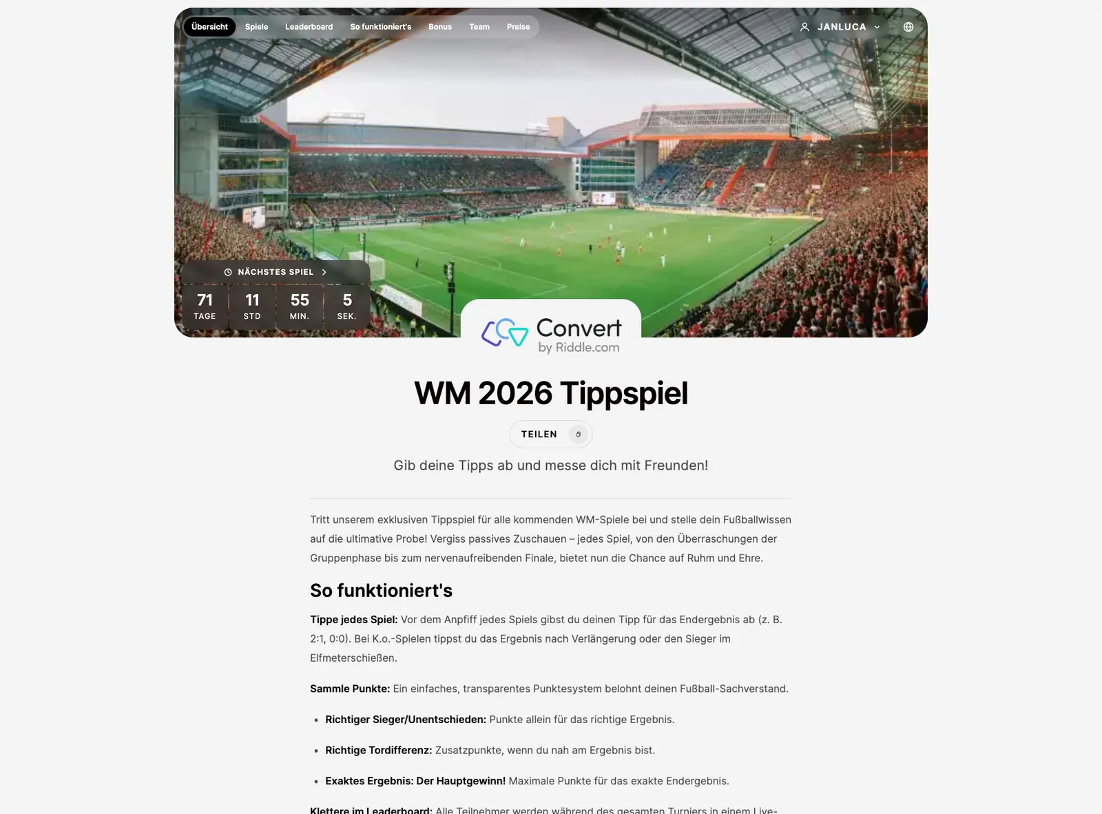 Game overview with stadium and countdown