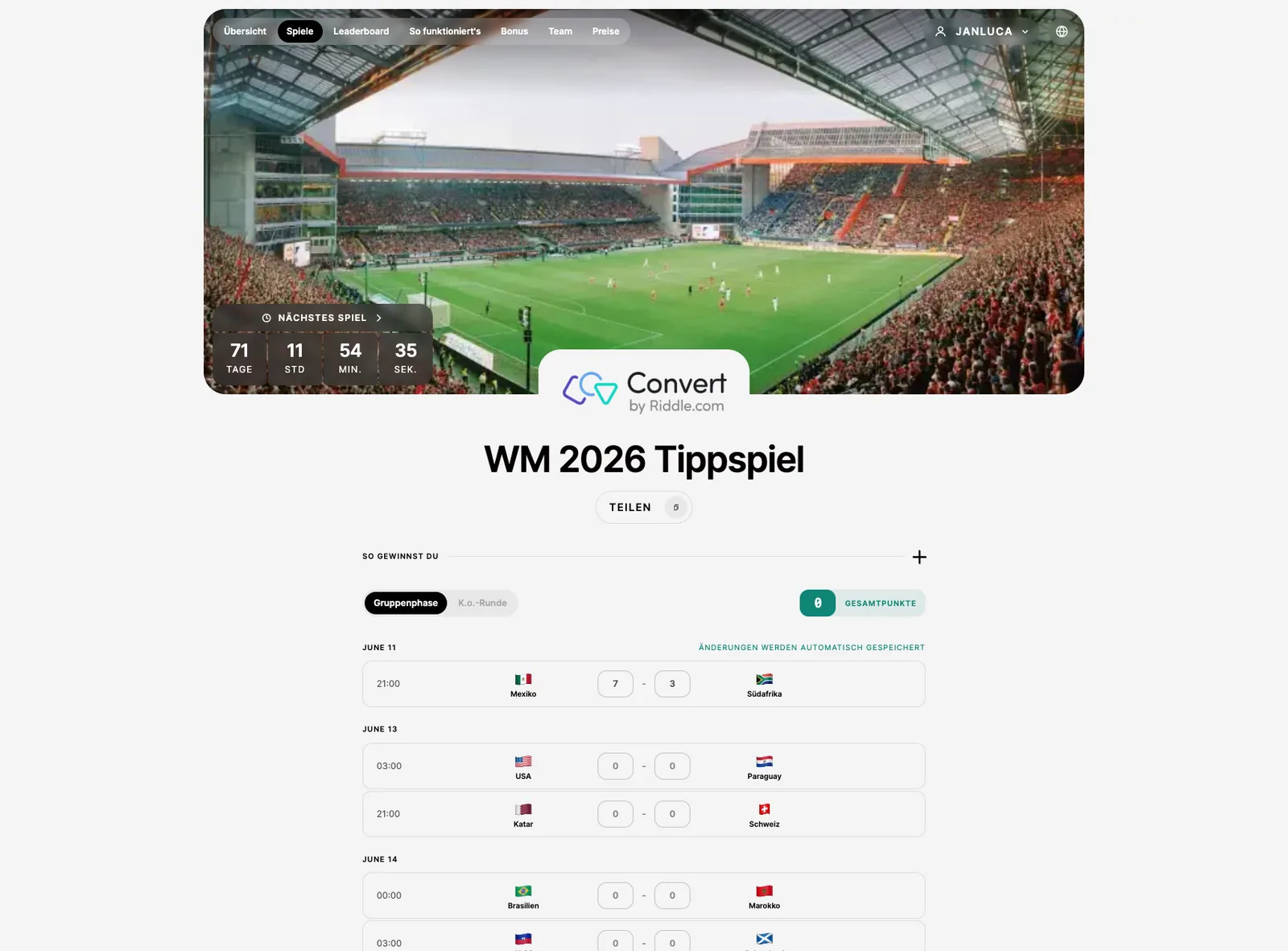 Match predictions with team flags and score inputs