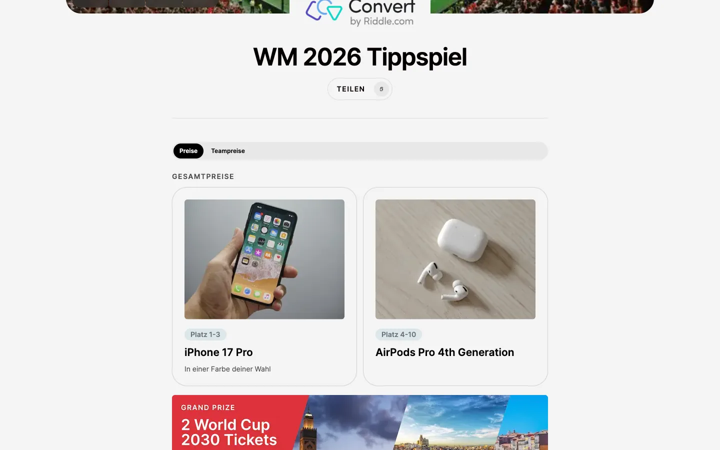 Prize showcase with sponsor integrations
