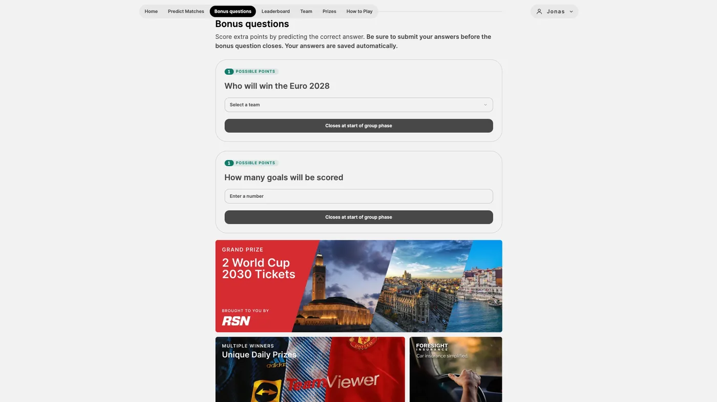 Bonus prediction questions in the EURO 2028 game