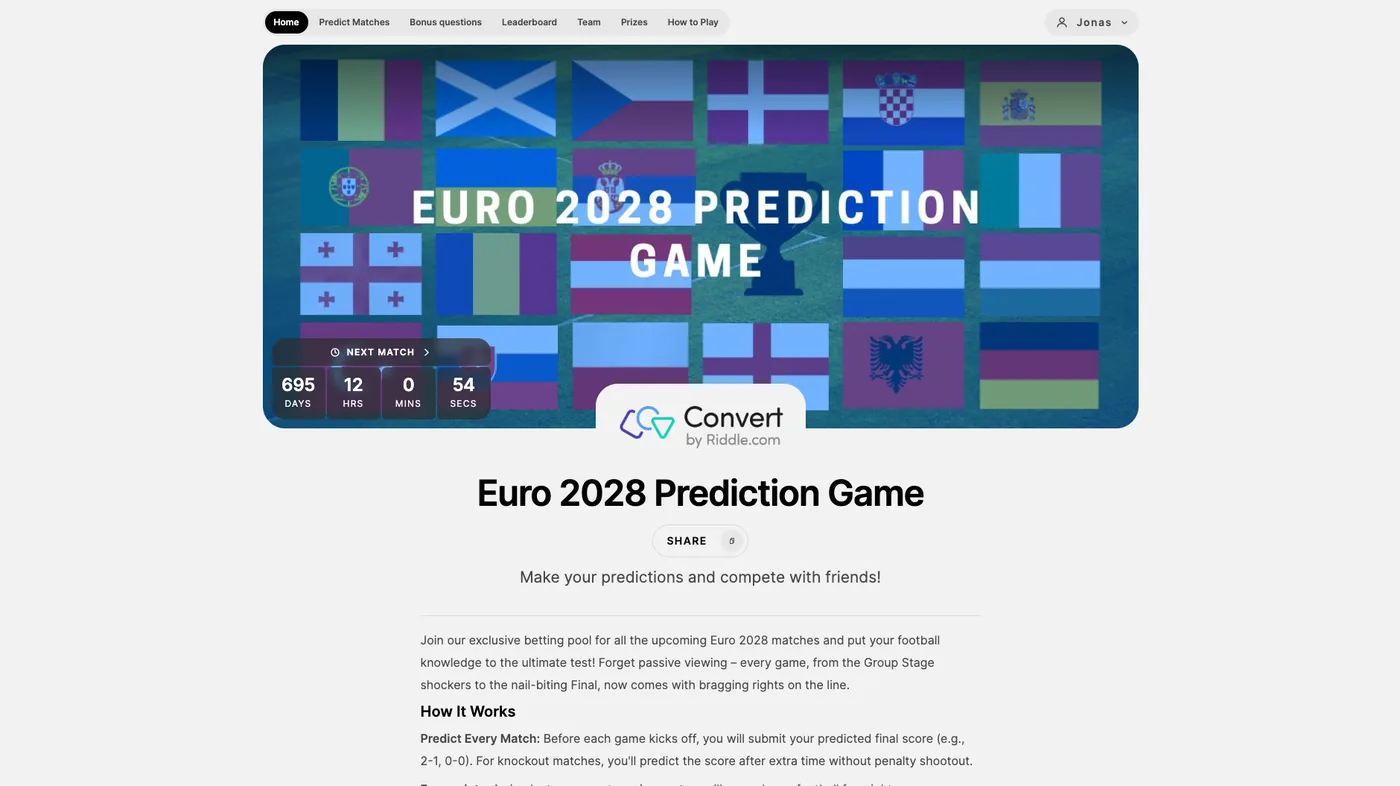 EURO 2028 prediction game home with countdown and participating nations