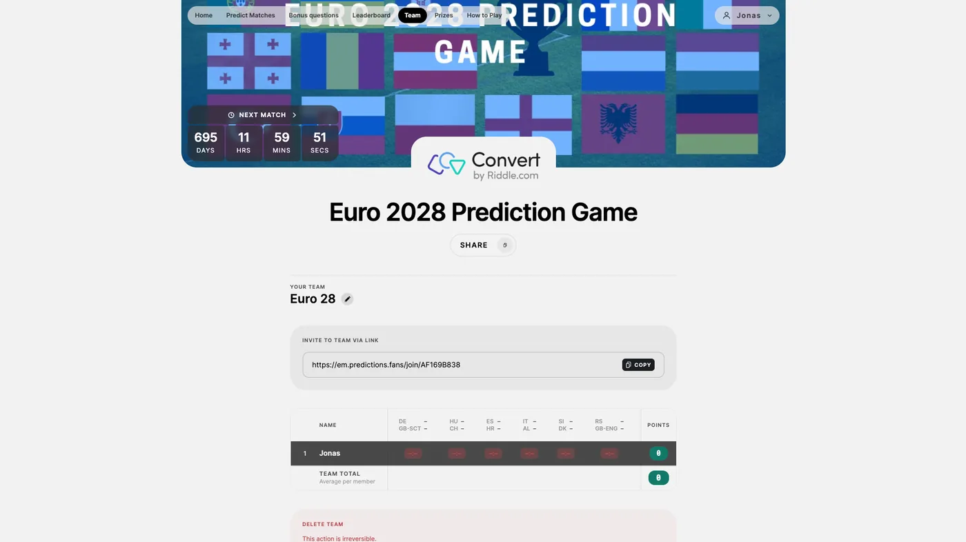 Team view with team leaderboard and invite link