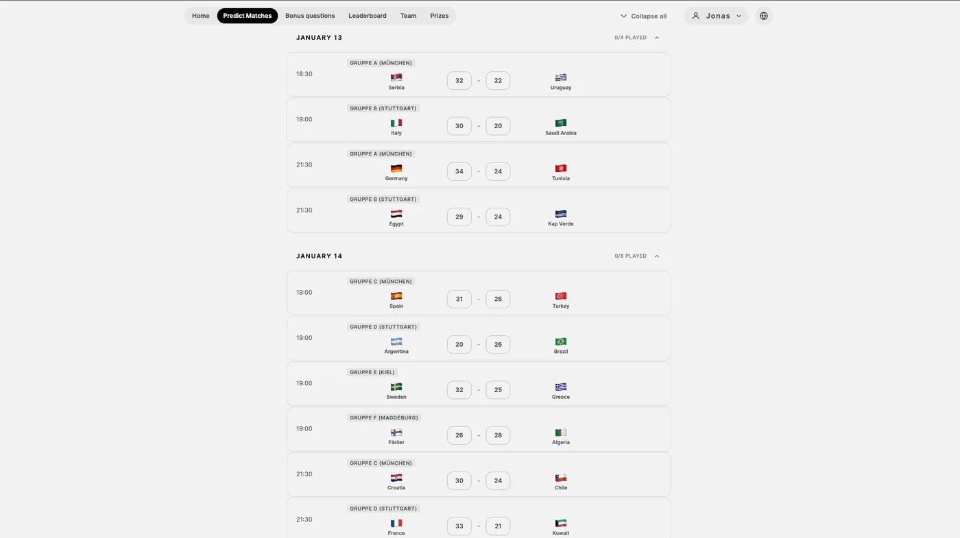 Handball World Championship match schedule with team flags and score inputs