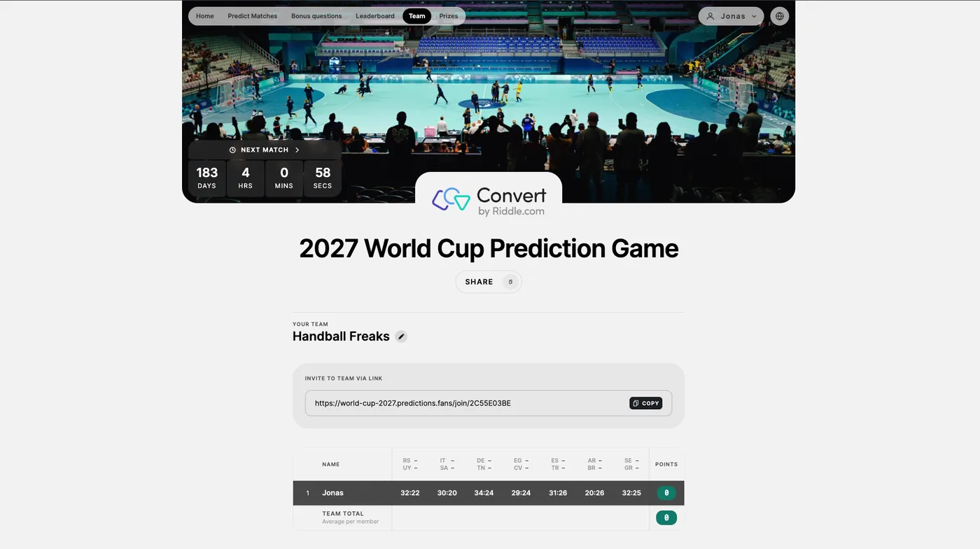 Team view with team leaderboard and invite link
