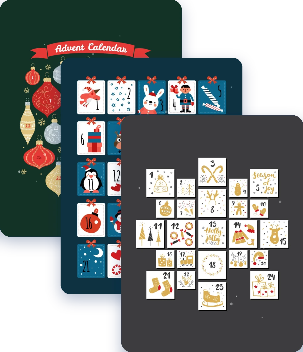 Drei Adventskalender im Branding von Hotel, Unternehmen und Verlag
