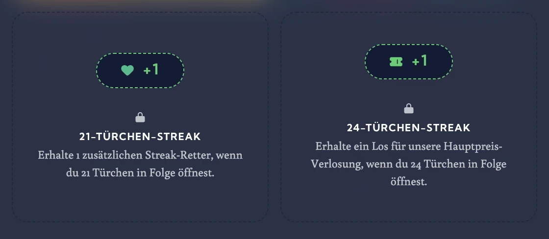 Streak-Meilensteine im Adventskalender: 21- und 24-Türchen-Streak